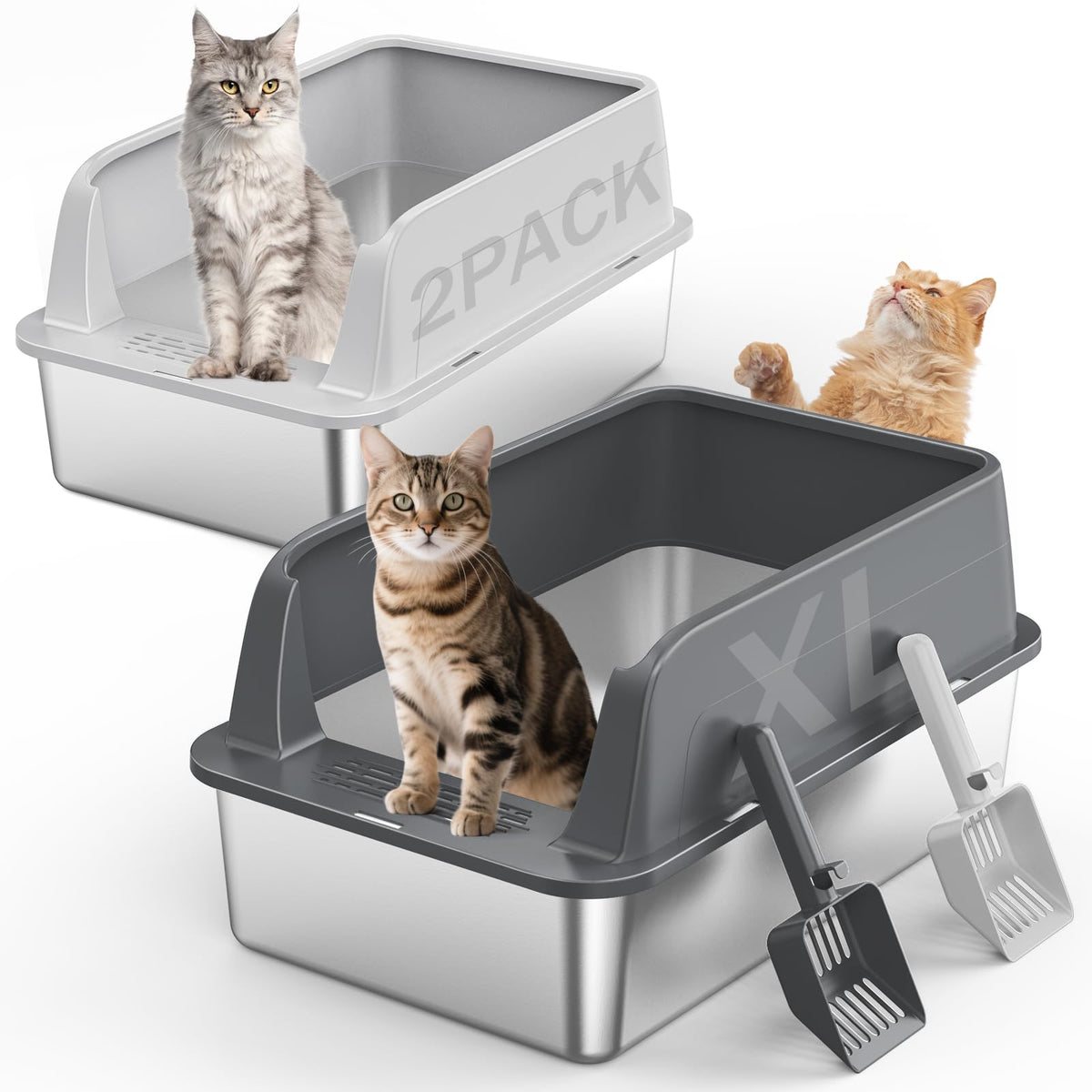 2-Pack XL Stainless Steel Cat Litter Boxes with Scoops