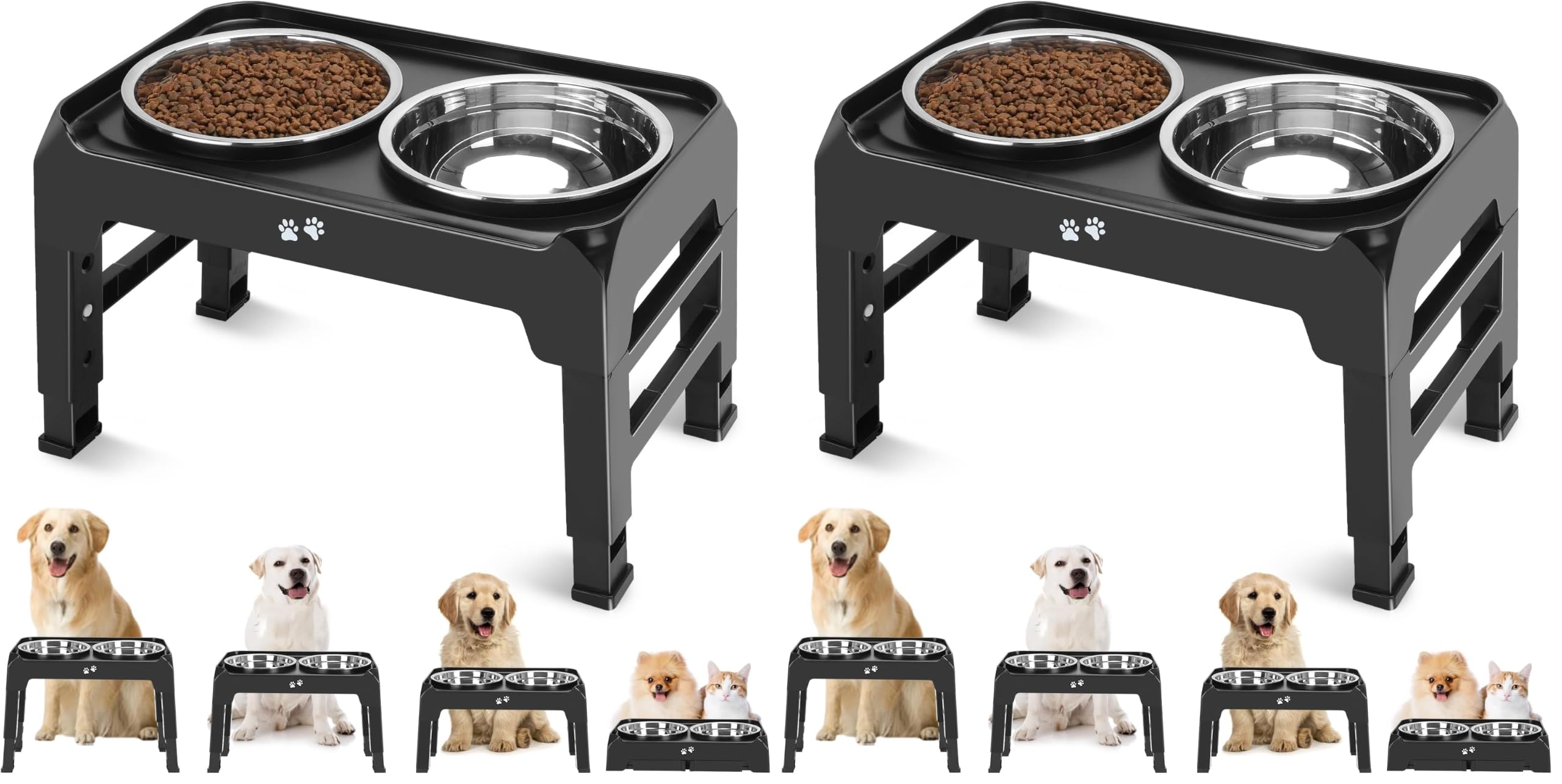 4-Height Elevated Dog Bowl Stand with 2 Steel Bowls