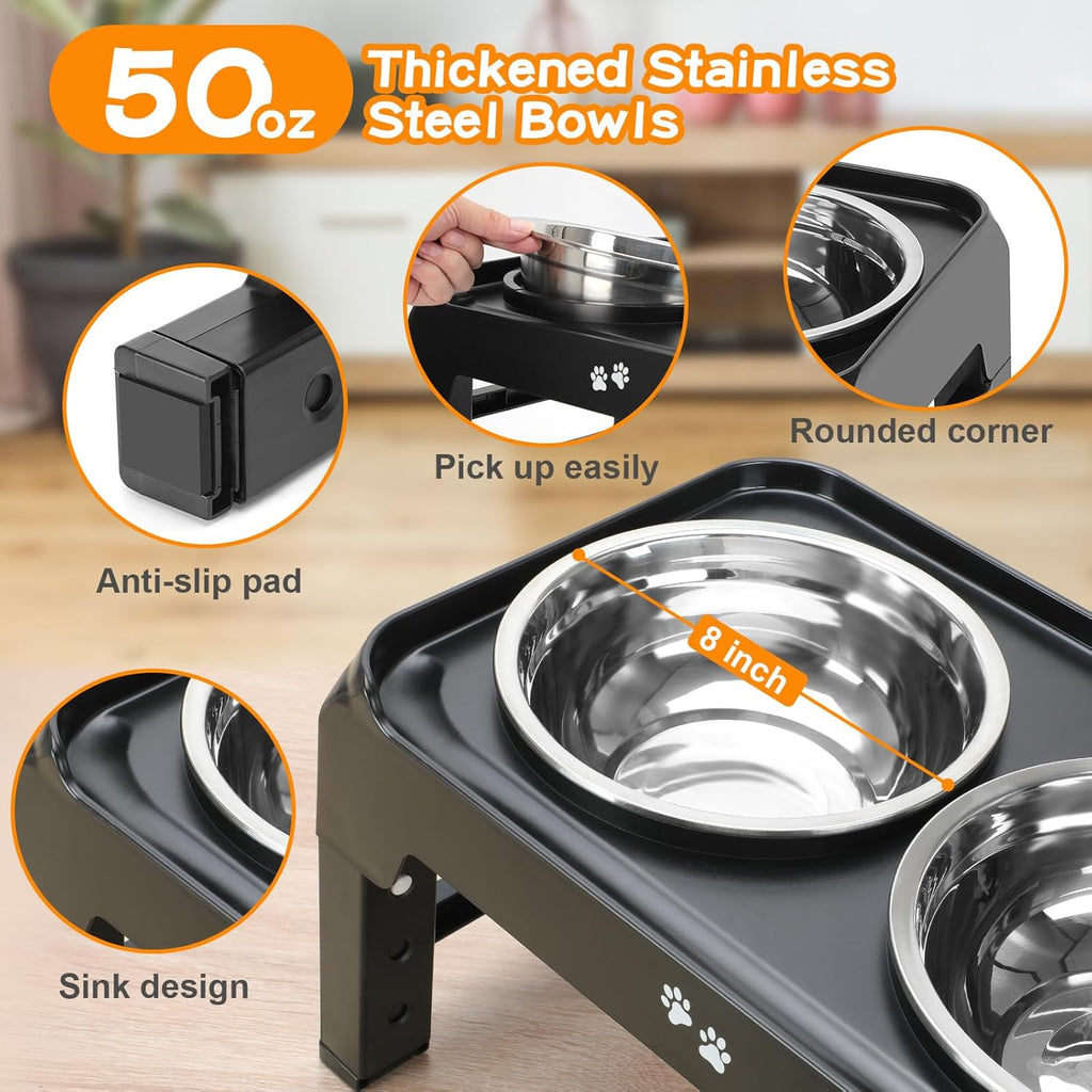 4-Height Elevated Dog Bowl Stand with 2 Steel Bowls
