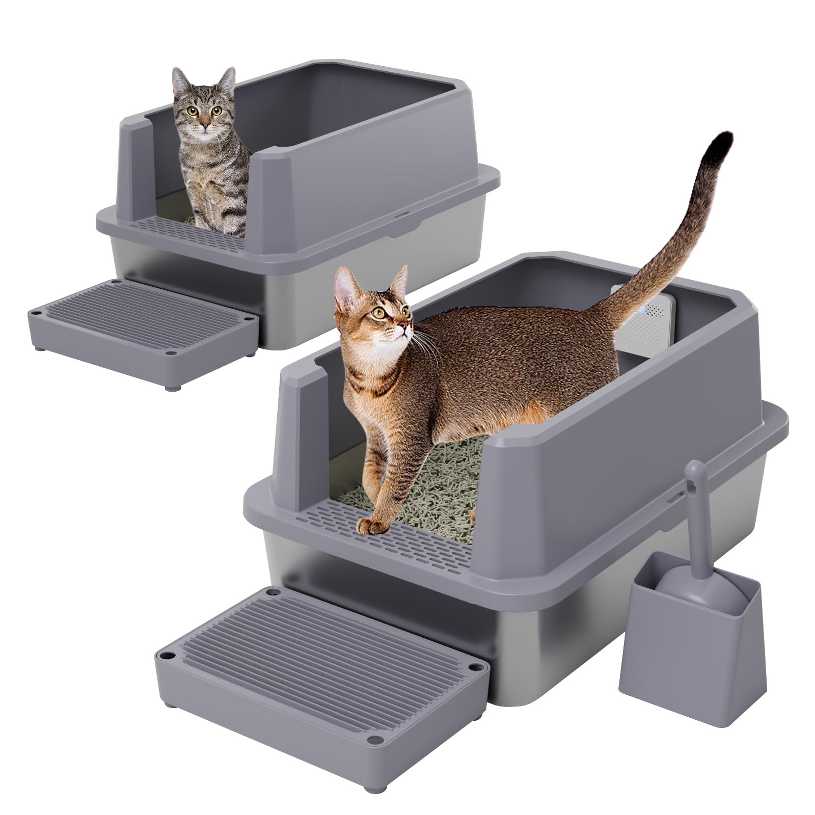 Open Cat Litter Box Set with Step Tray & Scoop