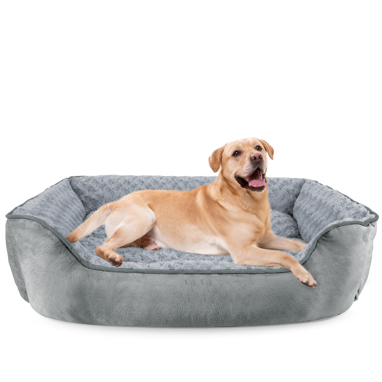 Washable Rectangle Dog Bed – Soft Bolster Sofa Bed with Non-Slip Bottom, Beige