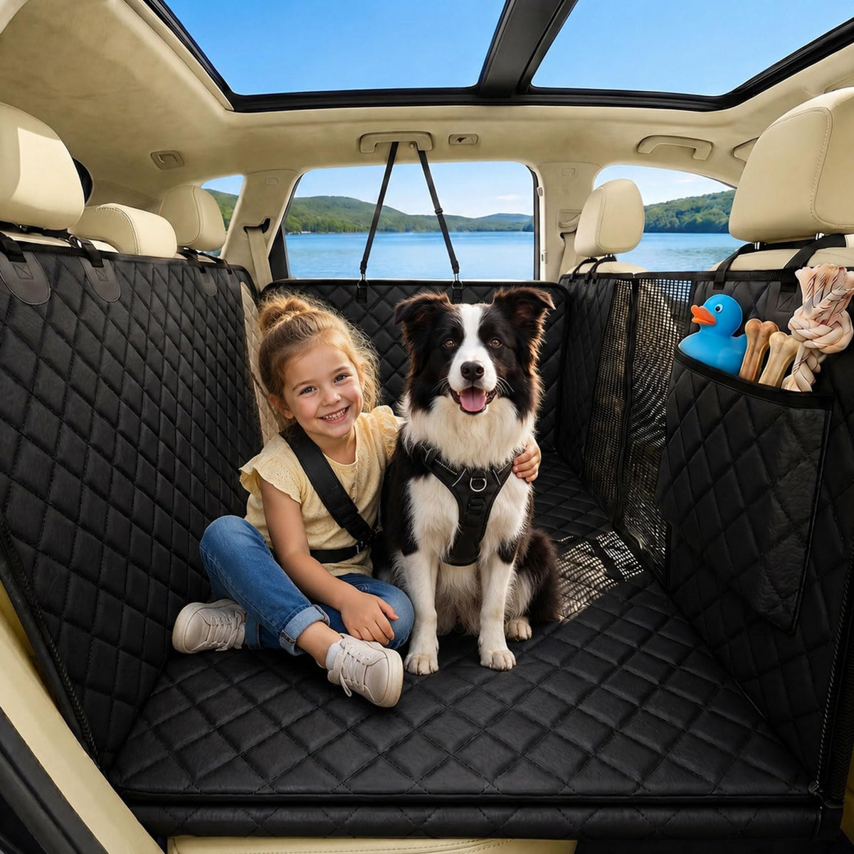 600D Dog Car Seat Cover with Non-Slip Backing and Seat Belt Openings
