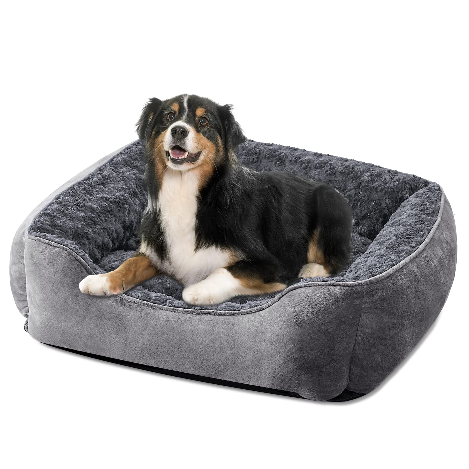 Washable Rectangle Dog Bed – Soft Bolster Sofa Bed with Non-Slip Bottom, Beige