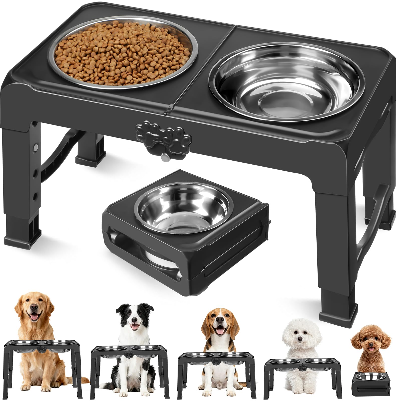4-Height Elevated Dog Bowl Stand with 2 Steel Bowls