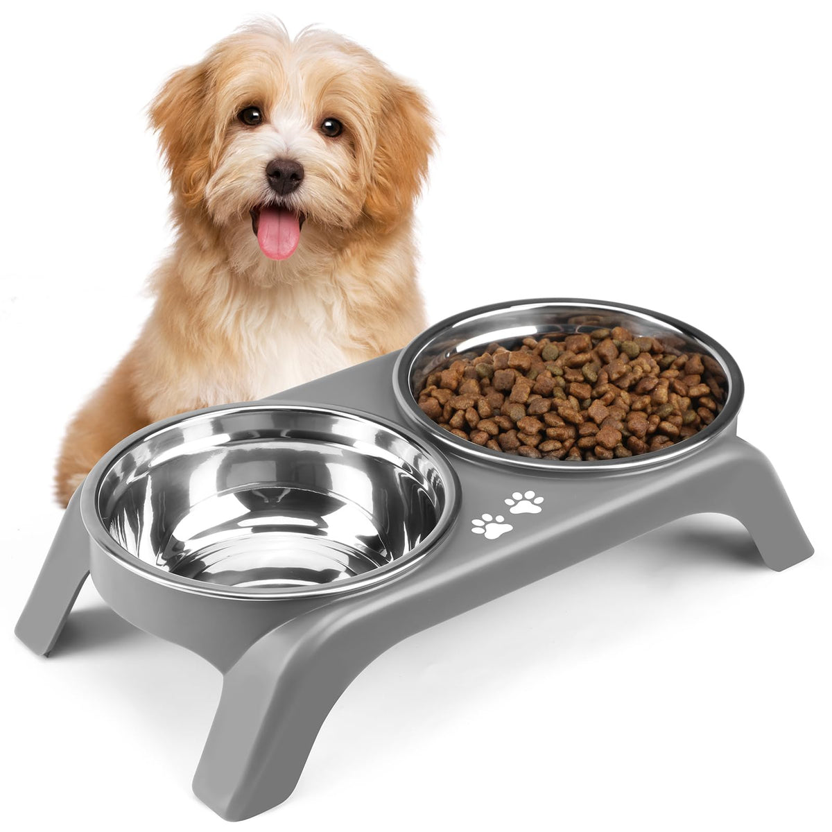 4-Height Elevated Dog Bowl Stand with 2 Steel Bowls