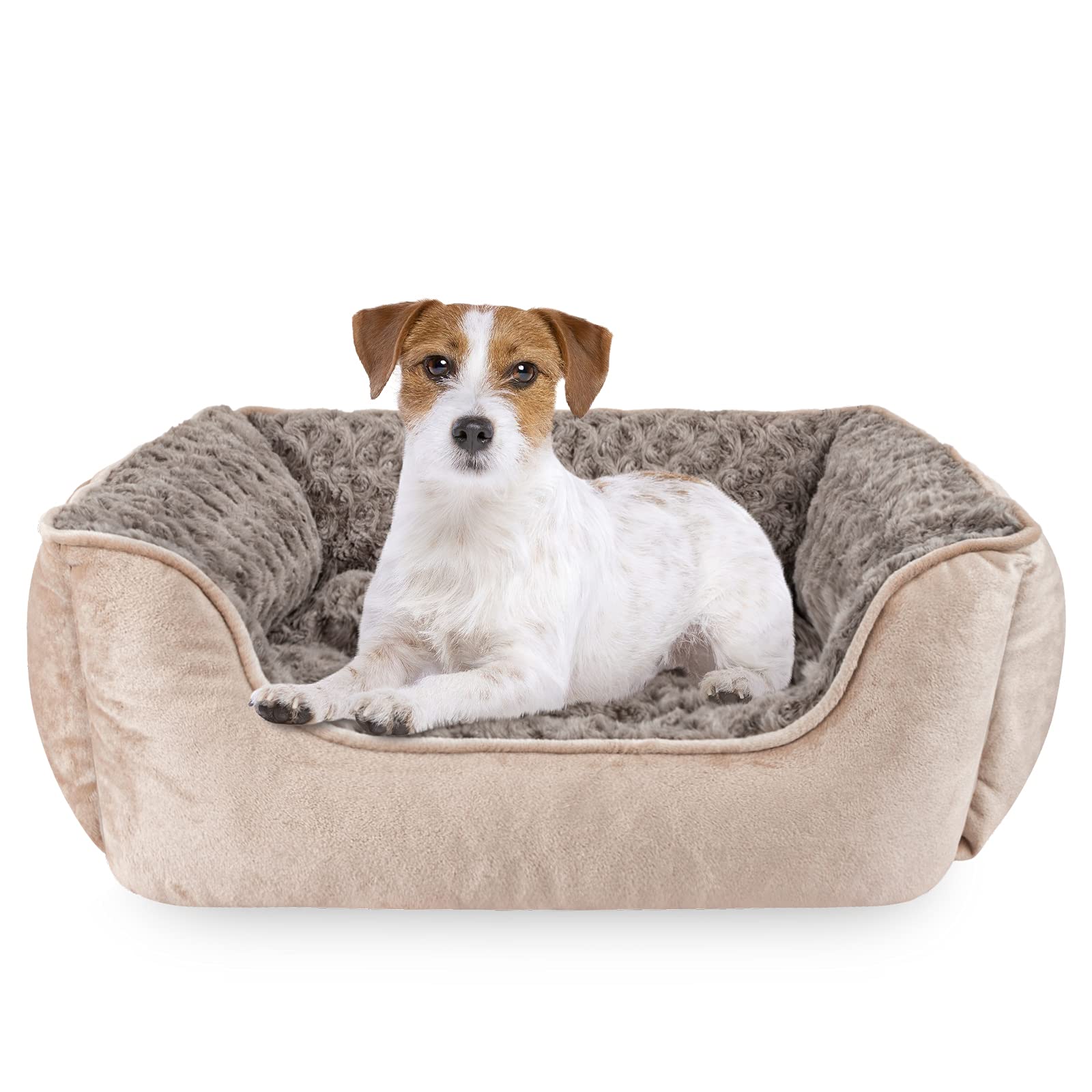 Washable Rectangle Dog Bed – Soft Bolster Sofa Bed with Non-Slip Bottom, Beige