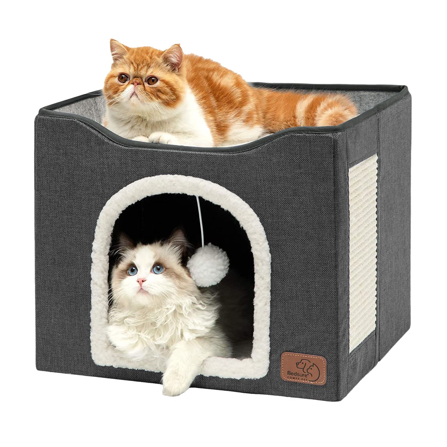 Indoor Cat House Bed with Scratch Pad & Fluffy Ball – Grey