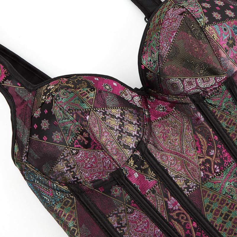 Lace Up Corset Tops for Women Gothic Jacquard Shoulder Straps Corset Overbust Bustiers Costumes Ideas Party Outfit.