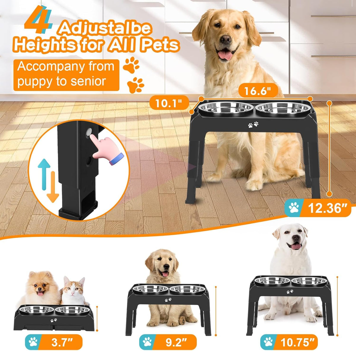 4-Height Elevated Dog Bowl Stand with 2 Steel Bowls