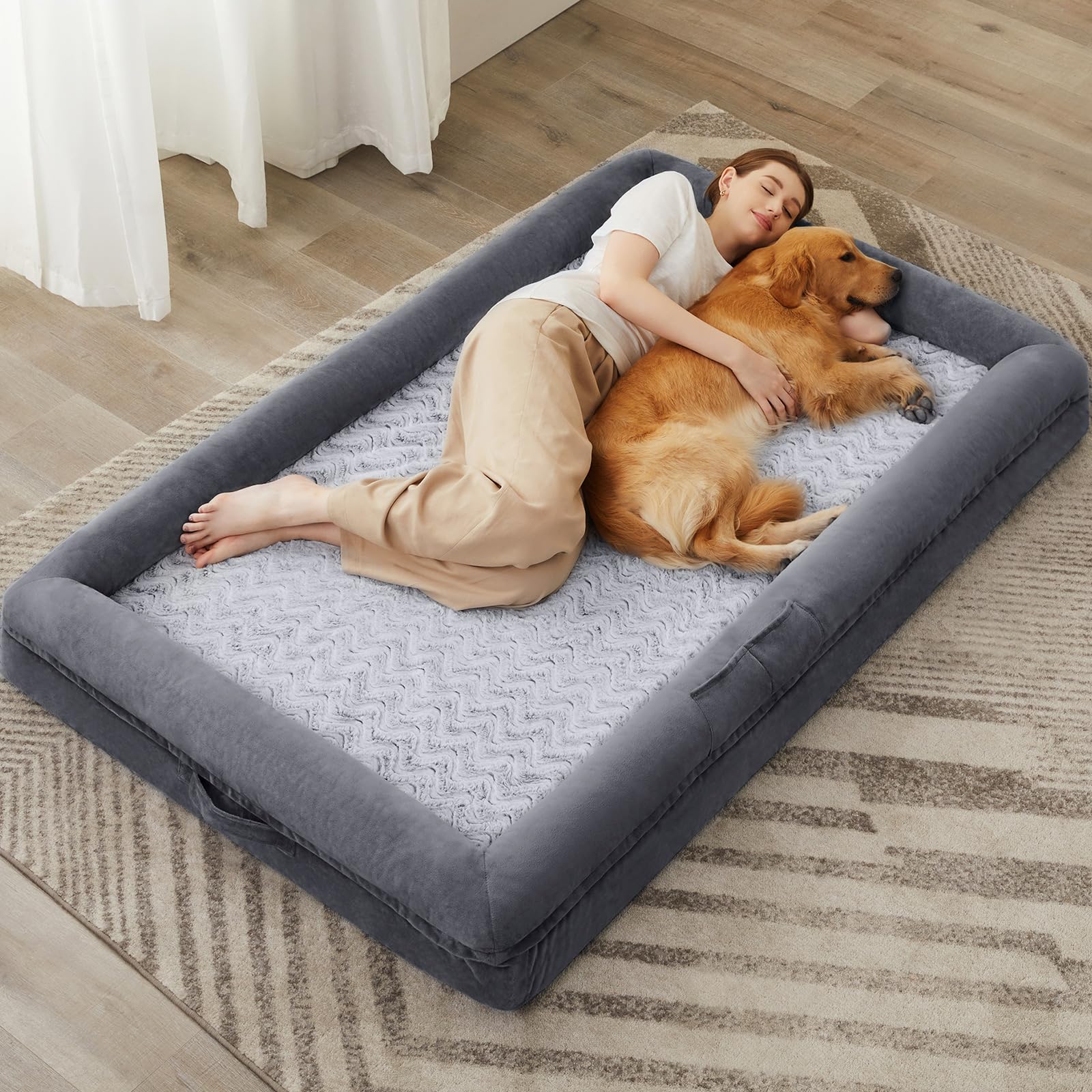 Extra Large Dog Bed with Bolsters – Egg Crate Foam Pet Bed with Waterproof Lining