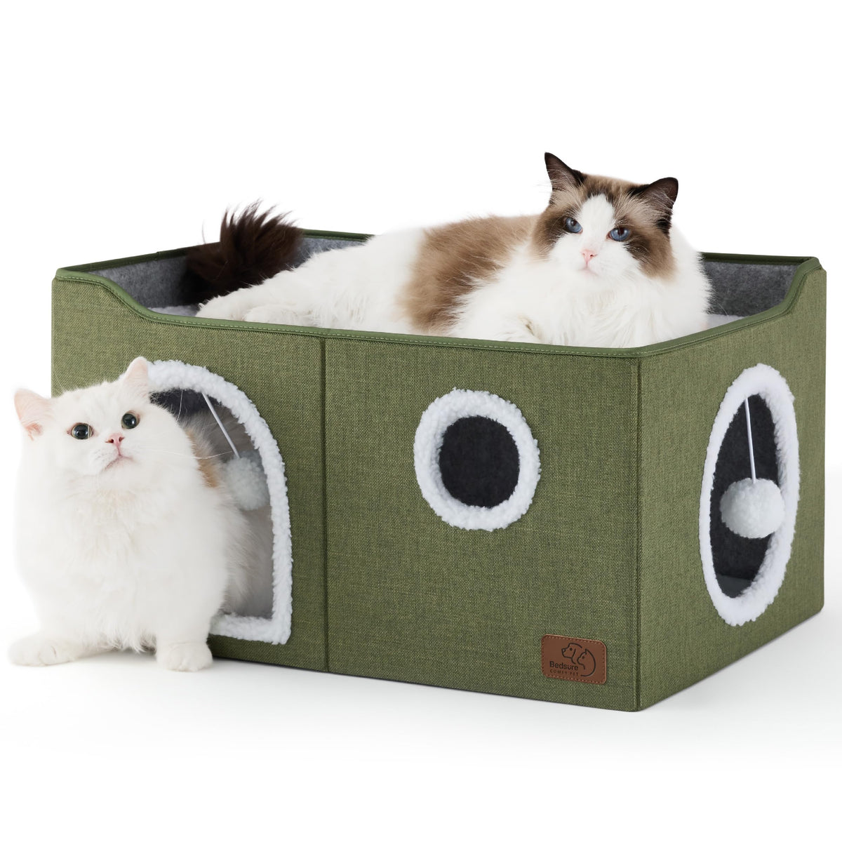 Indoor Cat House Bed with Scratch Pad & Fluffy Ball – Grey