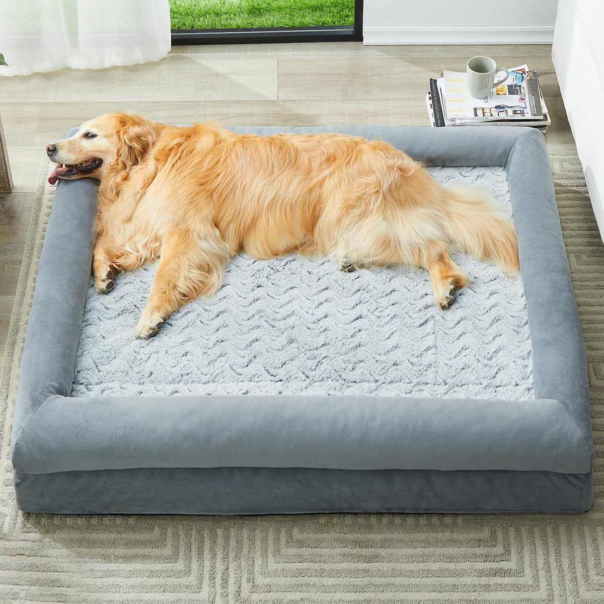 Extra Large Dog Bed with Bolsters – Egg Crate Foam Pet Bed with Waterproof Lining