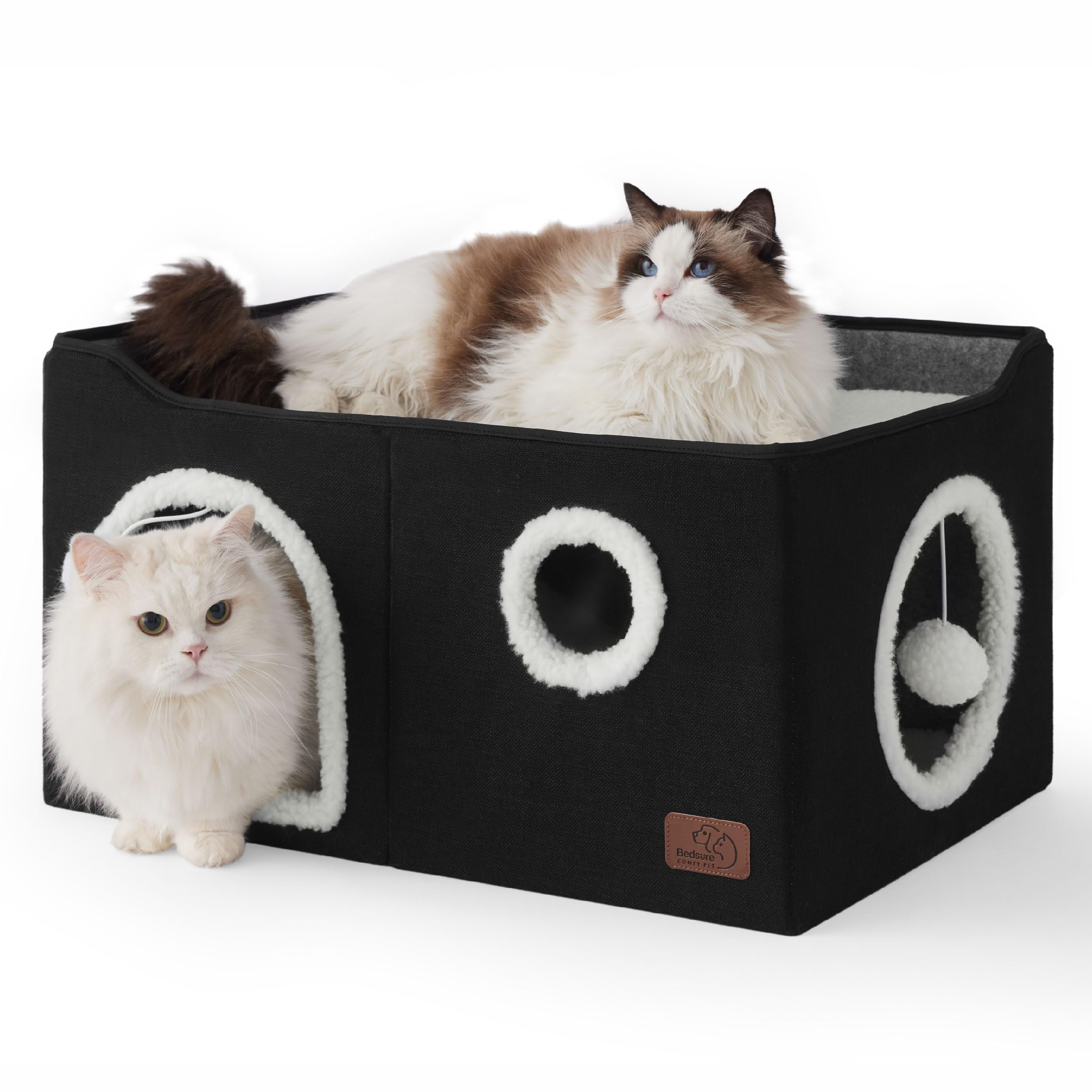 Indoor Cat House Bed with Scratch Pad & Fluffy Ball – Grey