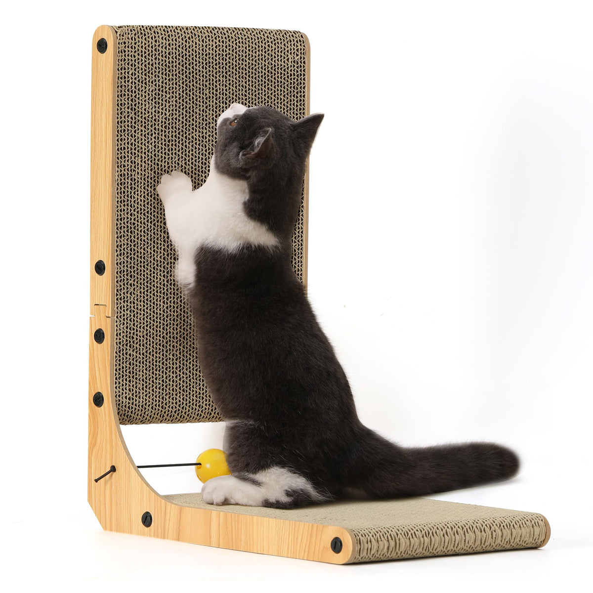 L-Shaped Cat Scratcher – Cardboard Scratch Pad with Toy Ball for Indoor Cats