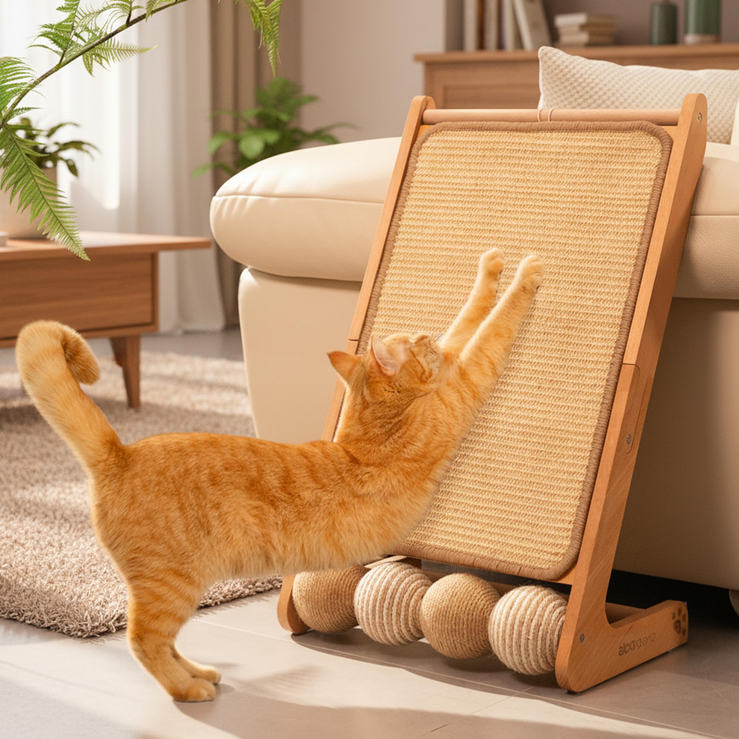 L-Shaped Sisal Cat Scratcher Ramp – Solid Wood Indoor Scratching Board