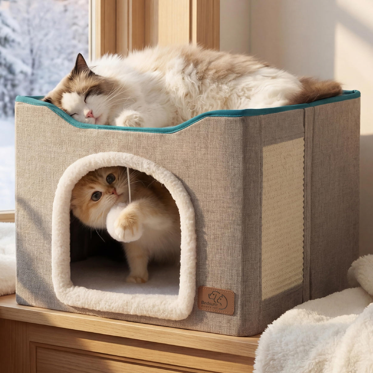 Indoor Cat House Bed with Scratch Pad & Fluffy Ball – Grey