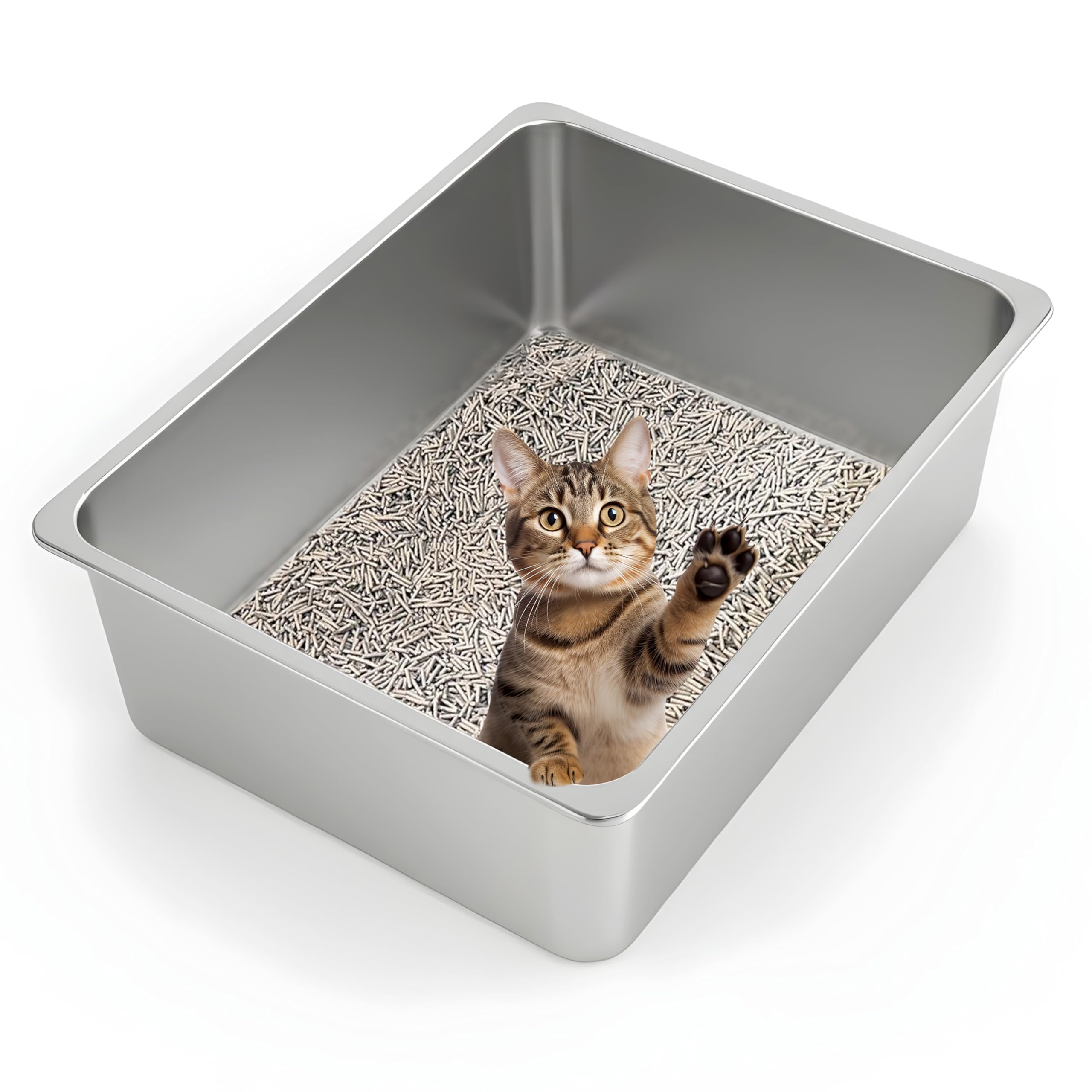 Large High-Sided Stainless Steel Cat Litter Pan