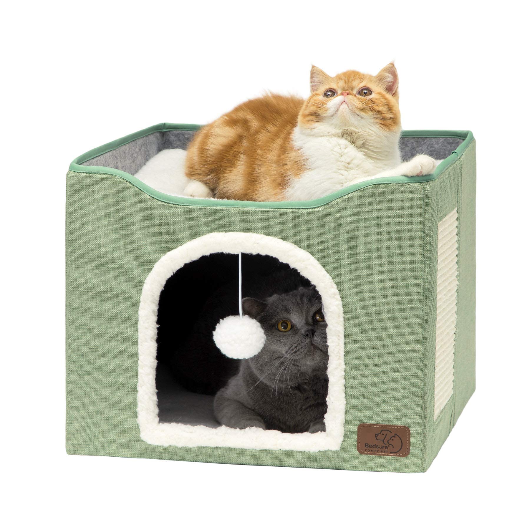 Indoor Cat House Bed with Scratch Pad & Fluffy Ball – Grey