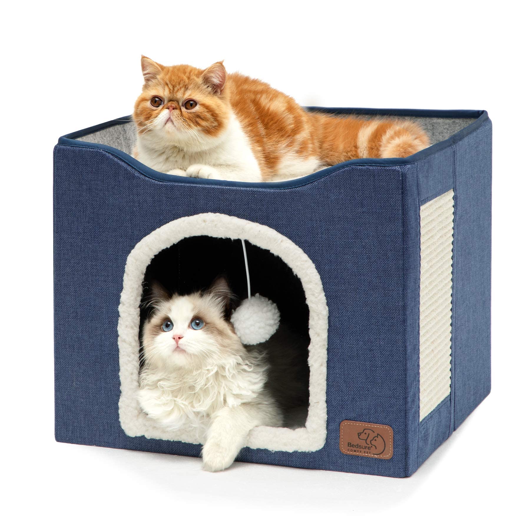 Indoor Cat House Bed with Scratch Pad & Fluffy Ball – Grey
