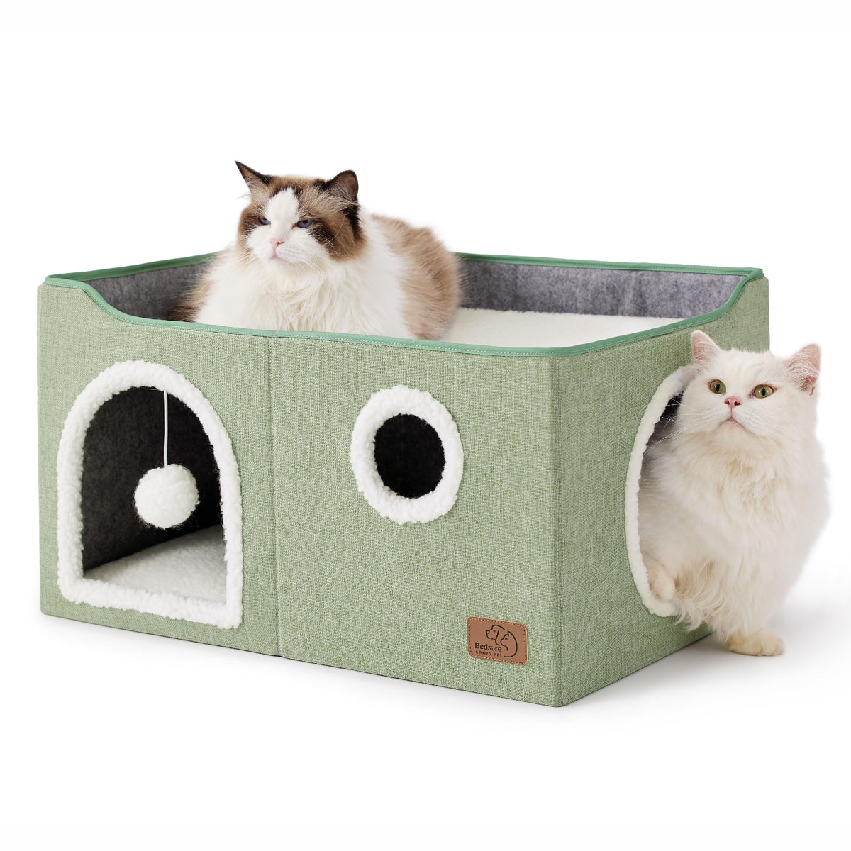 Indoor Cat House Bed with Scratch Pad & Fluffy Ball – Grey