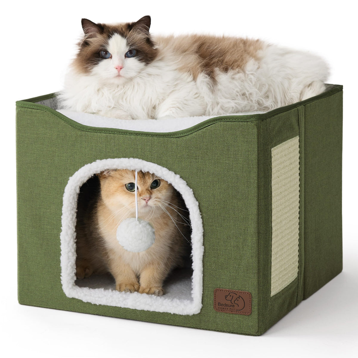 Indoor Cat House Bed with Scratch Pad & Fluffy Ball – Grey