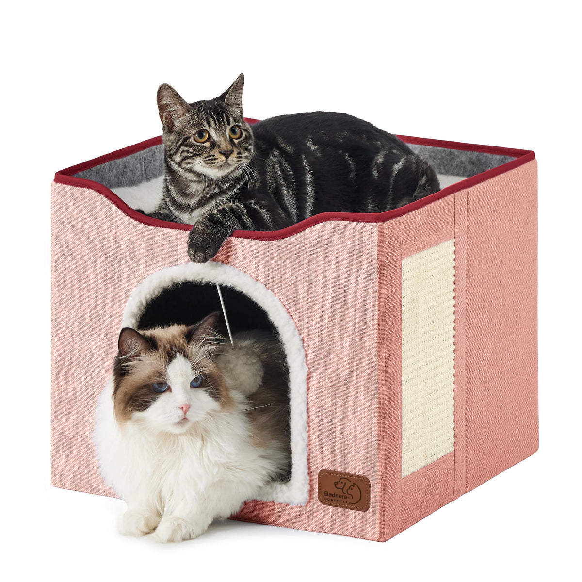 Indoor Cat House Bed with Scratch Pad & Fluffy Ball – Grey