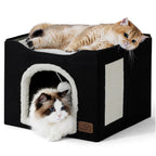 Indoor Cat House Bed with Scratch Pad & Fluffy Ball – Grey