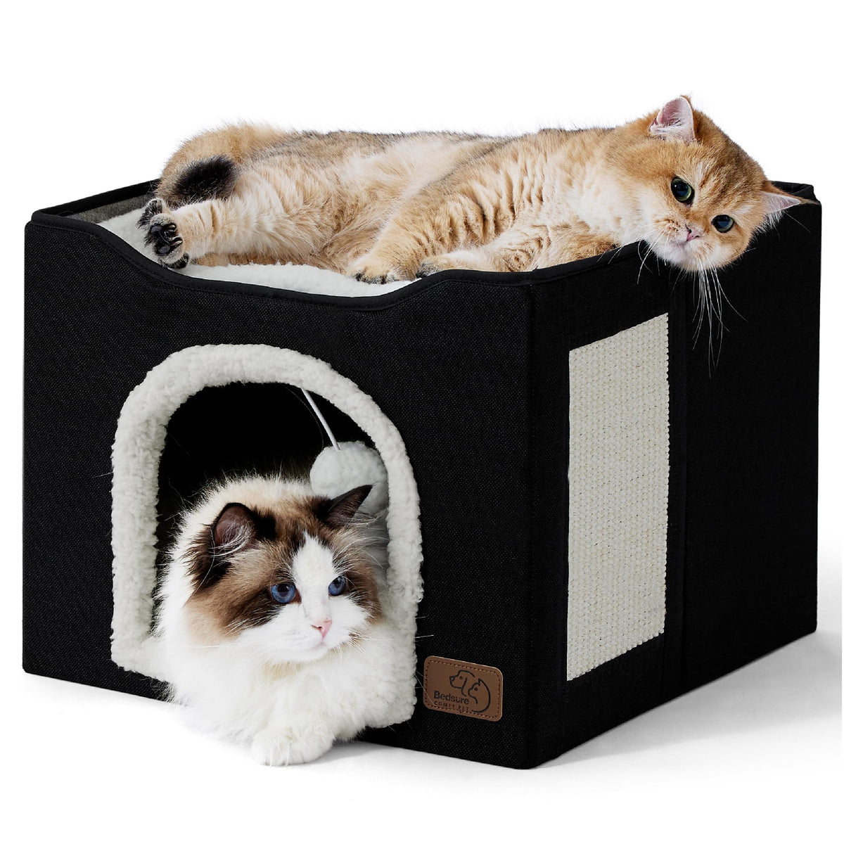 Indoor Cat House Bed with Scratch Pad & Fluffy Ball – Grey