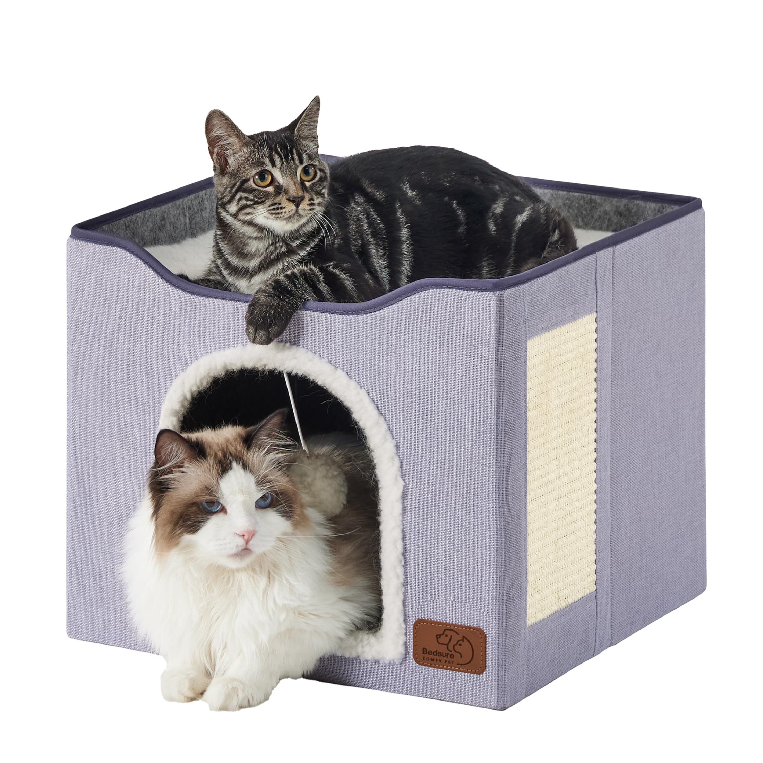 Indoor Cat House Bed with Scratch Pad & Fluffy Ball – Grey