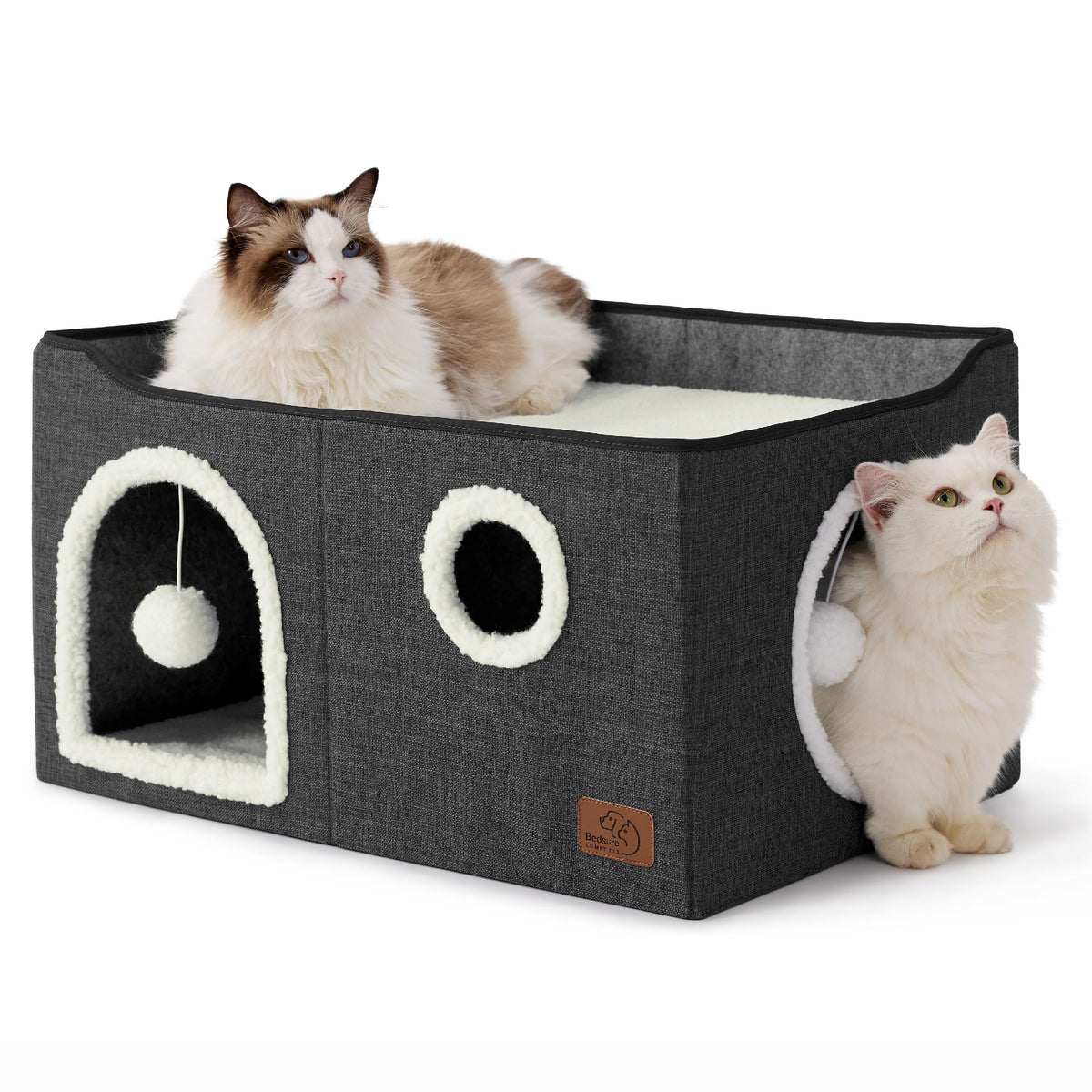 Indoor Cat House Bed with Scratch Pad & Fluffy Ball – Grey