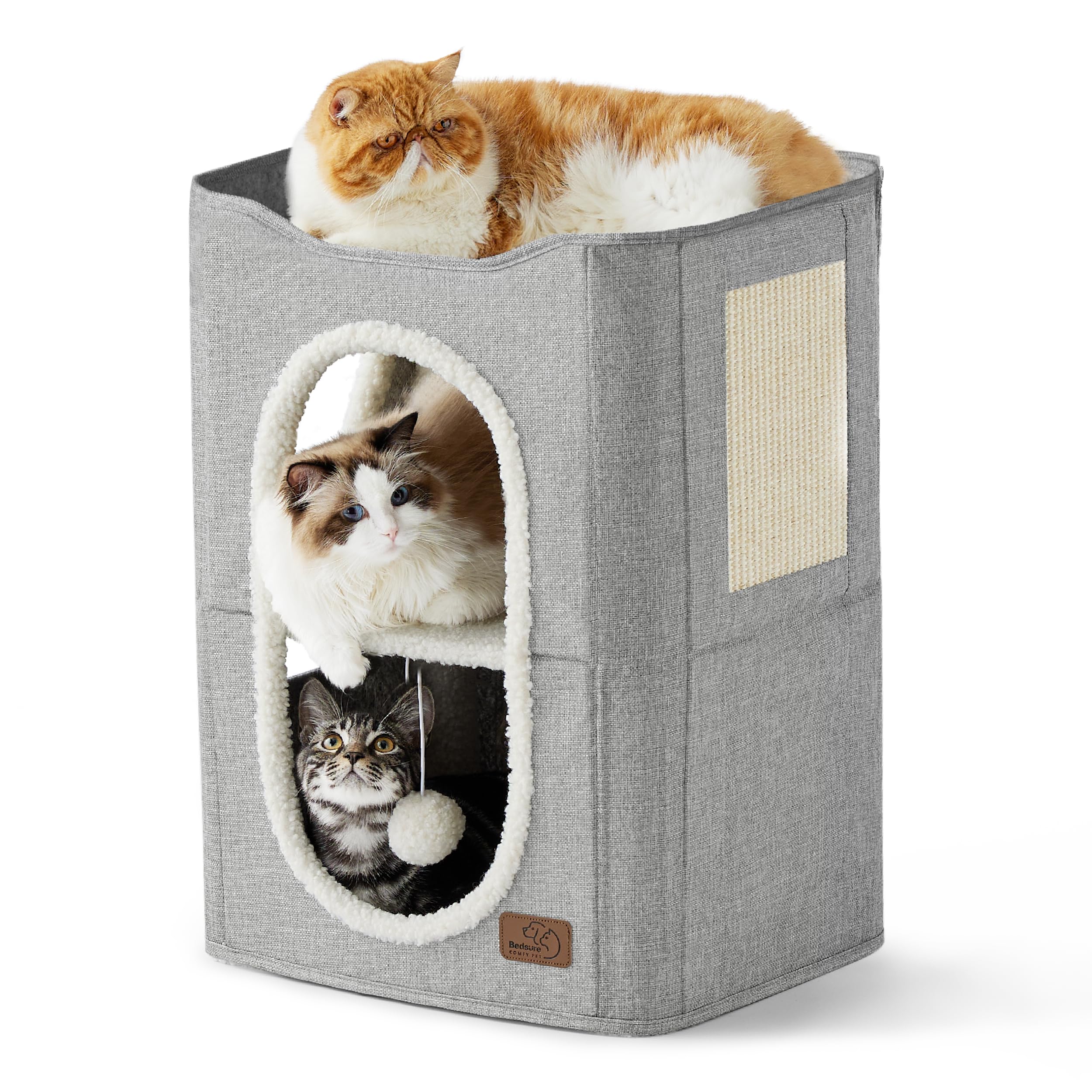 Indoor Cat House Bed with Scratch Pad & Fluffy Ball – Grey