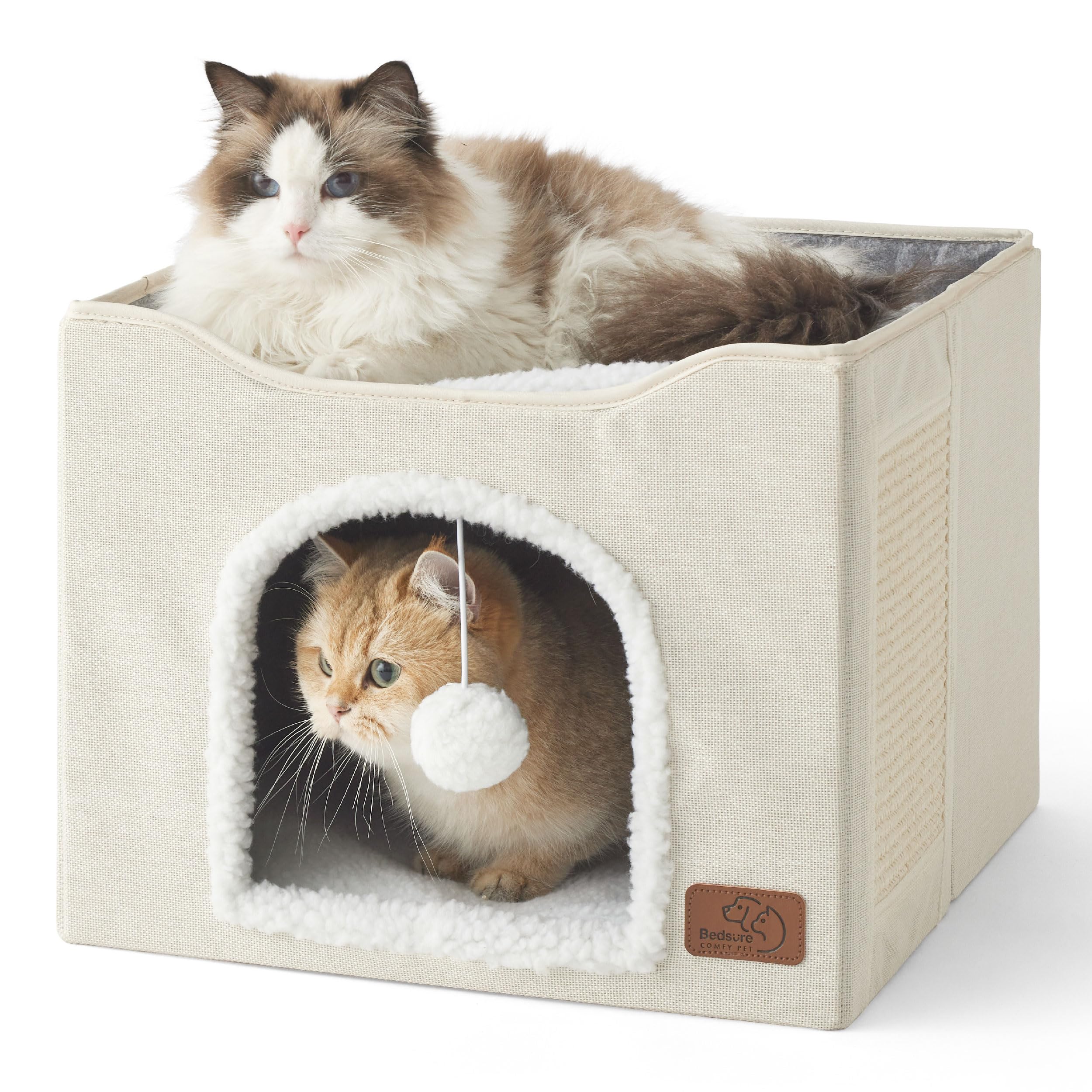Indoor Cat House Bed with Scratch Pad & Fluffy Ball – Grey