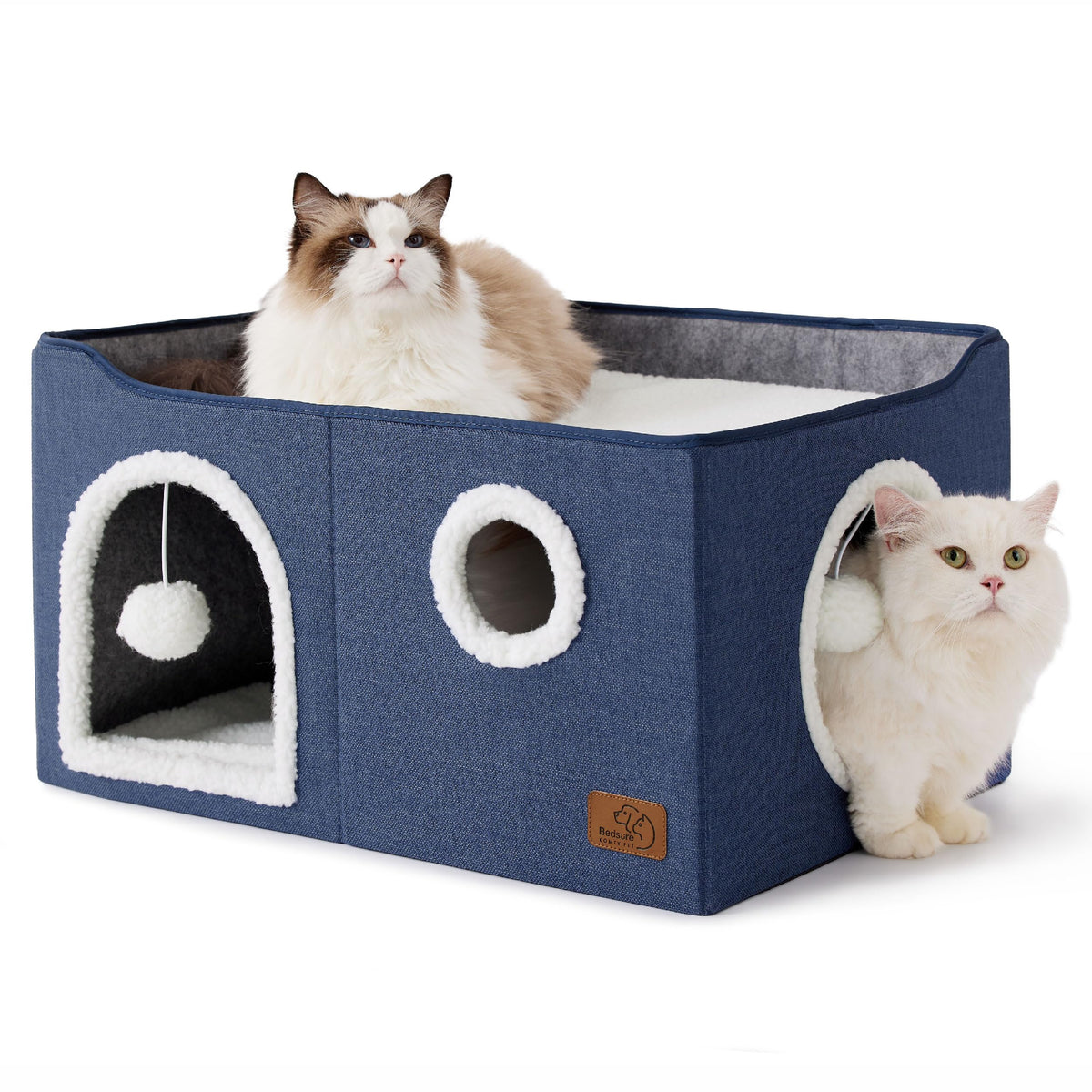Indoor Cat House Bed with Scratch Pad & Fluffy Ball – Grey
