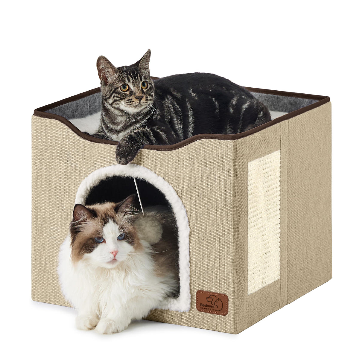 Indoor Cat House Bed with Scratch Pad & Fluffy Ball – Grey