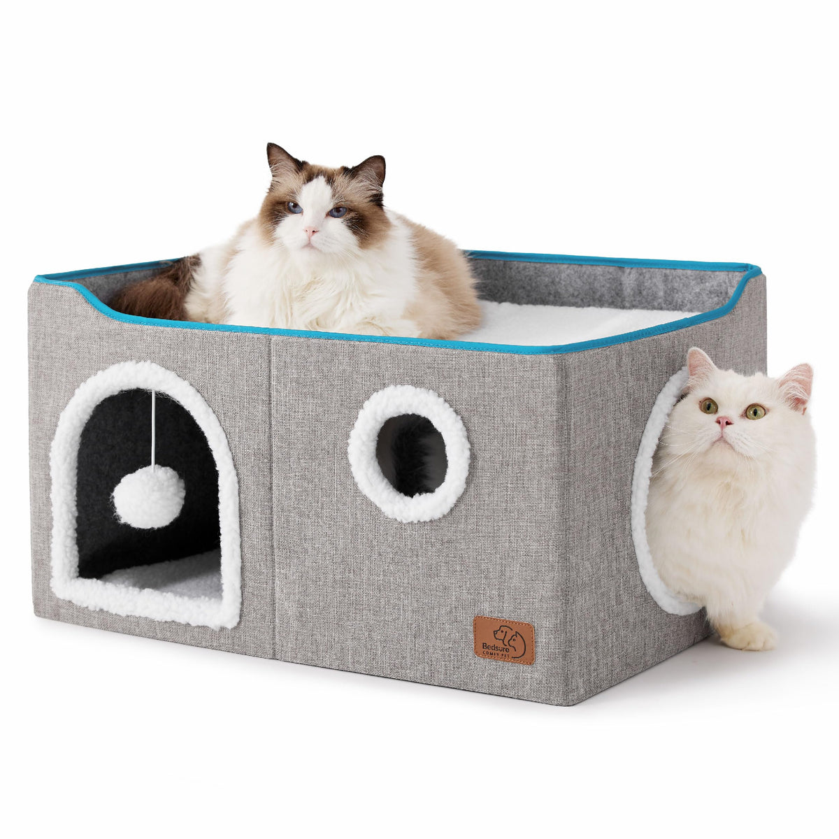 Indoor Cat House Bed with Scratch Pad & Fluffy Ball – Grey