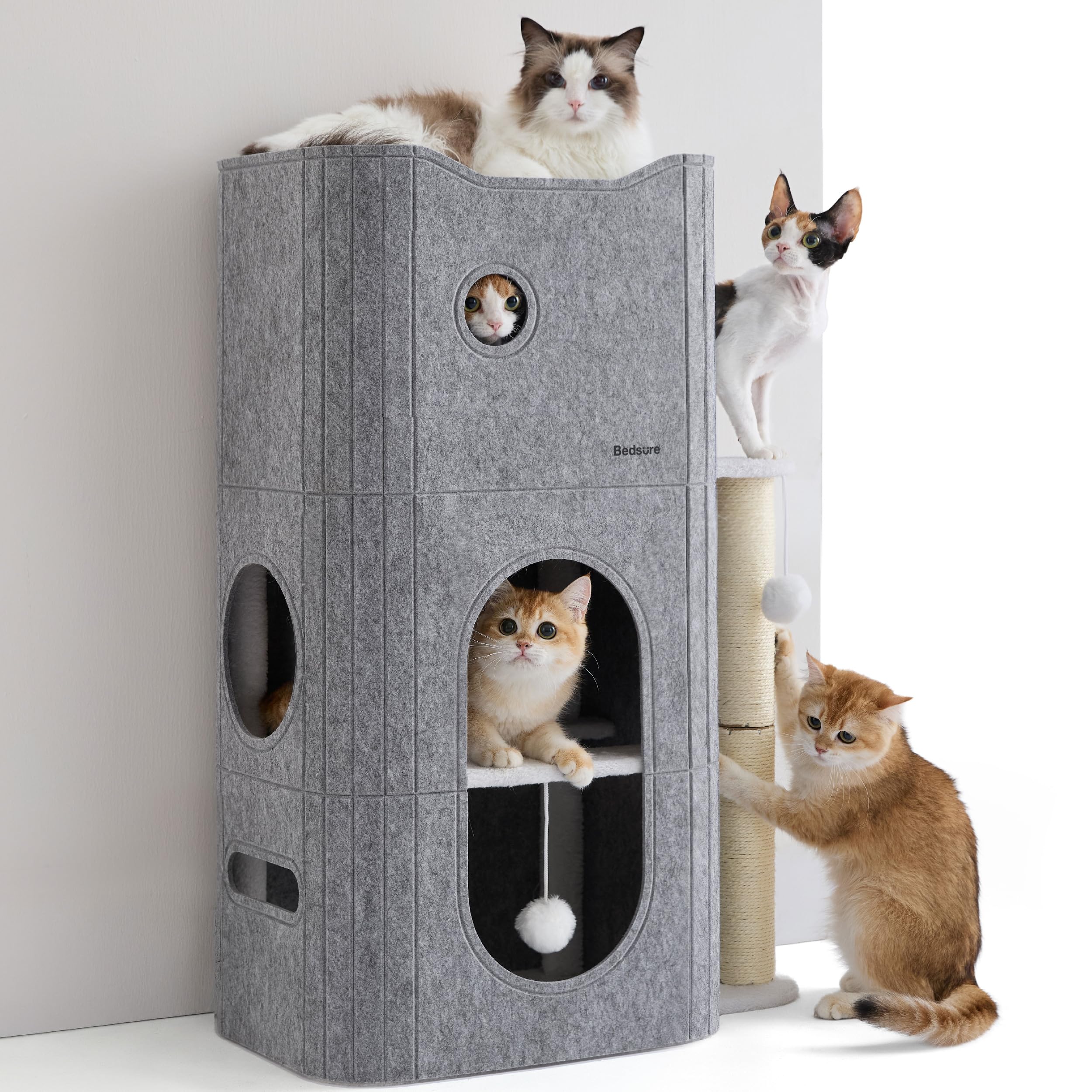 Indoor Cat House Bed with Scratch Pad & Fluffy Ball – Grey
