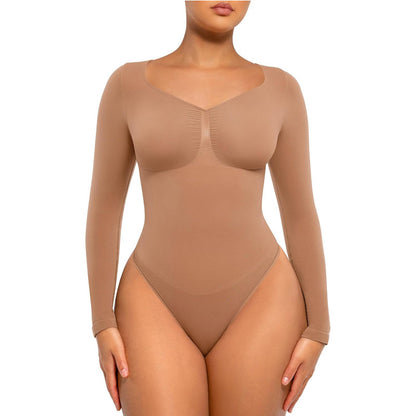 Women's Seamless Shaping Long Sleeve Thong Comfortable Bodysuit for Tops and Underwear Lady Comfort Basic