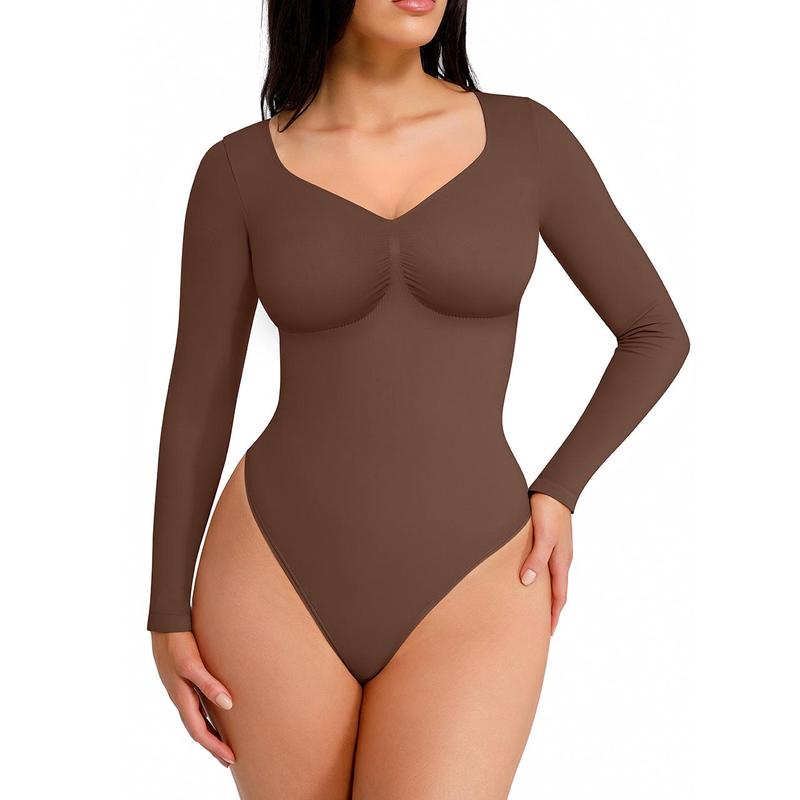 Women's Seamless Shaping Long Sleeve Thong Comfortable Bodysuit for Tops and Underwear Lady Comfort Basic