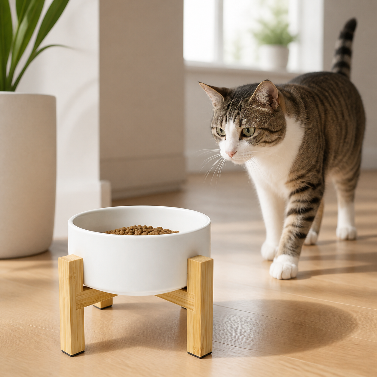 Cat beside a white elevated ceramic bowl on a bamboo stand