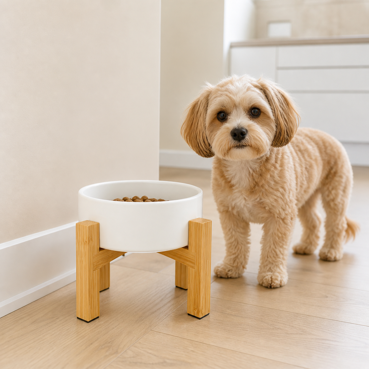Small dog beside a white elevated ceramic bowl with bamboo stand