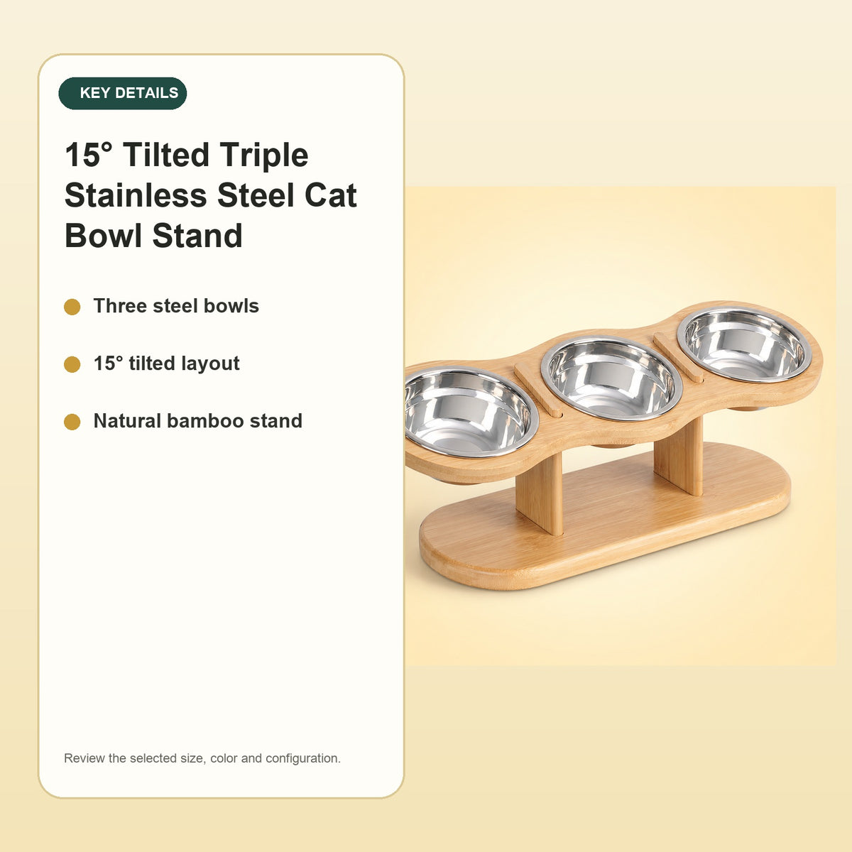15° Tilted Triple Stainless Steel Cat Bowl Stand – key details