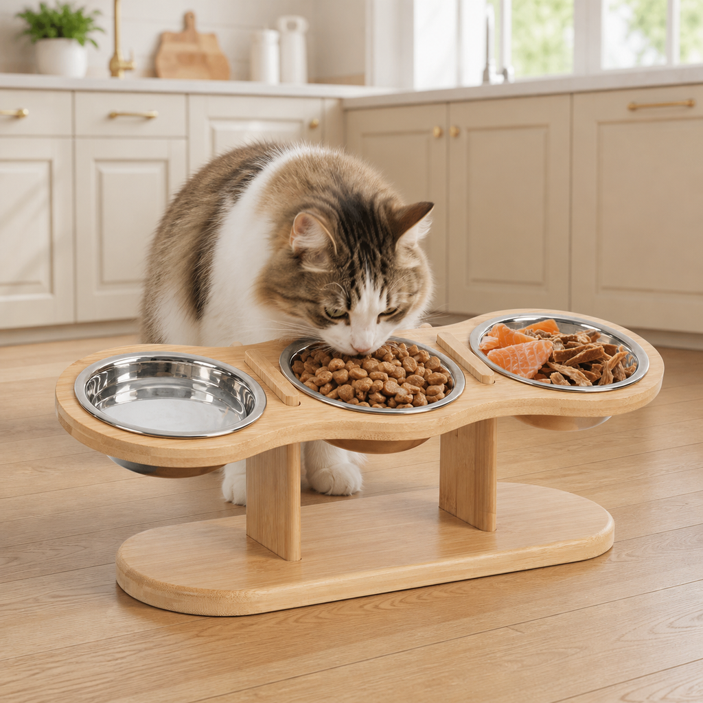15° Tilted Triple Stainless Steel Cat Bowl Stand in a realistic use setting