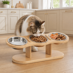 15° Tilted Triple Stainless Steel Cat Bowl Stand in a realistic use setting