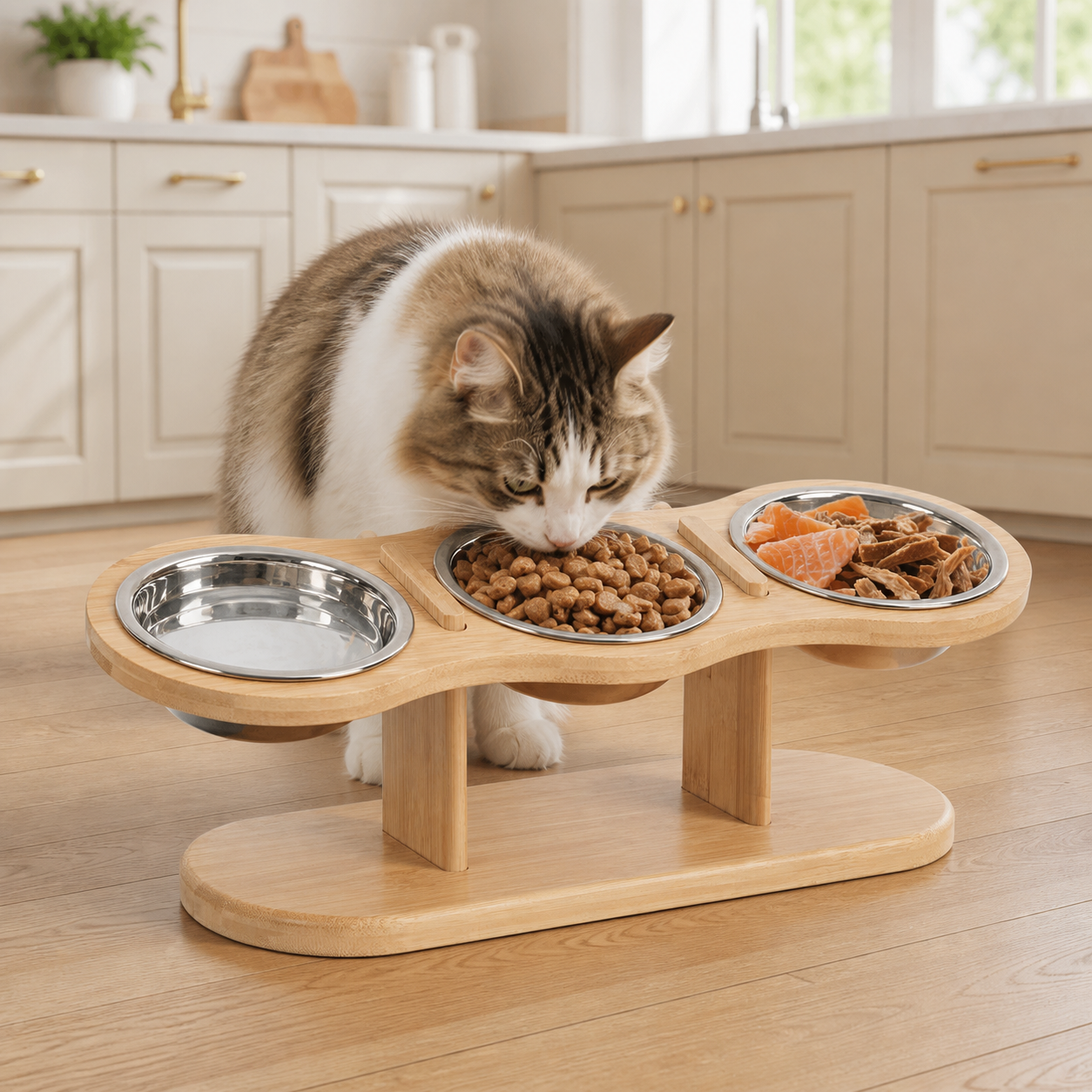 15° Tilted Triple Stainless Steel Cat Bowl Stand in a realistic use setting
