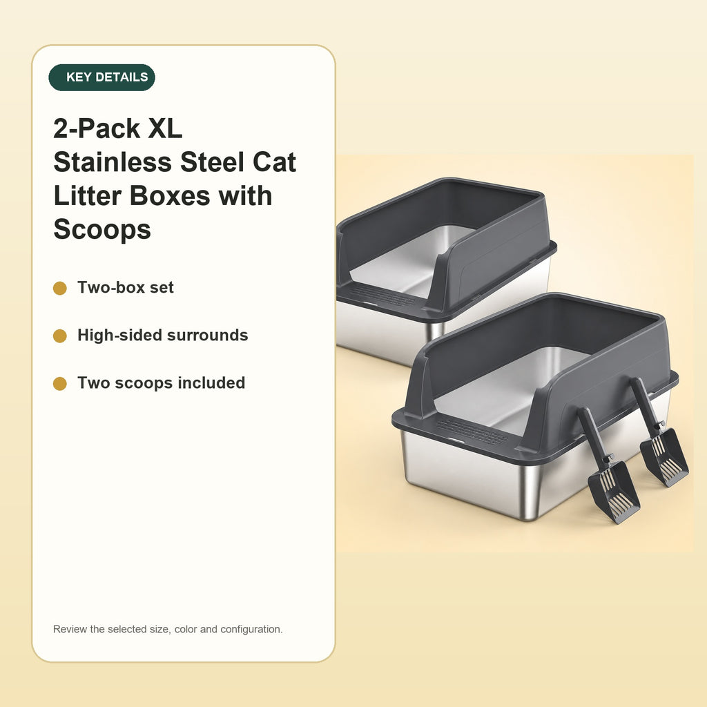 2-Pack XL Stainless Steel Cat Litter Boxes with Scoops – key details