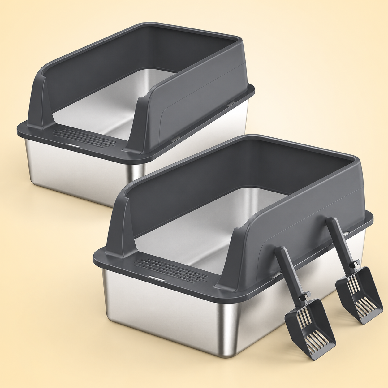 2-Pack XL Stainless Steel Cat Litter Boxes with Scoops – product view