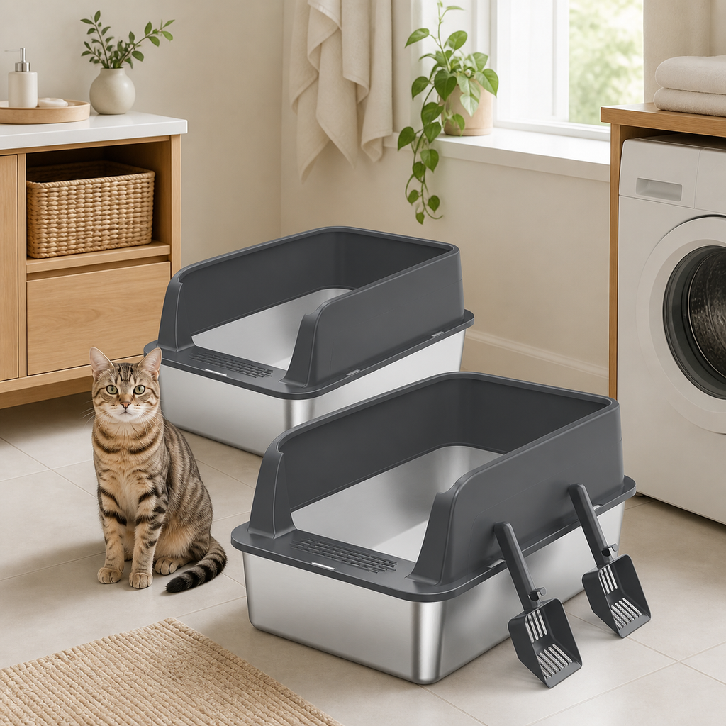 2-Pack XL Stainless Steel Cat Litter Boxes with Scoops in a realistic use setting