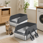 2-Pack XL Stainless Steel Cat Litter Boxes with Scoops in a realistic use setting