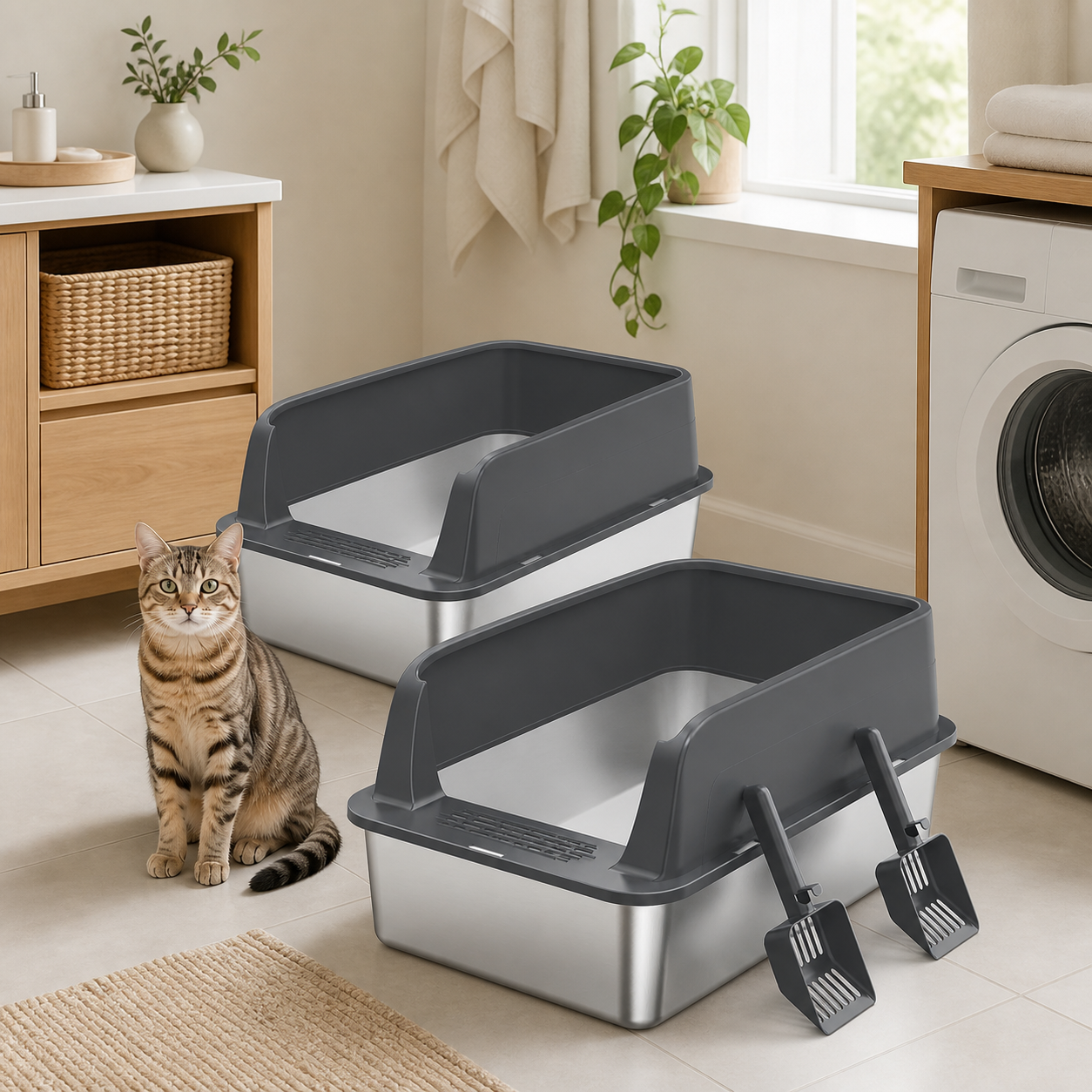 2-Pack XL Stainless Steel Cat Litter Boxes with Scoops in a realistic use setting