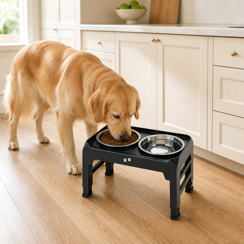 4-Height Elevated Dog Bowl Stand with 2 Steel Bowls in a realistic use setting